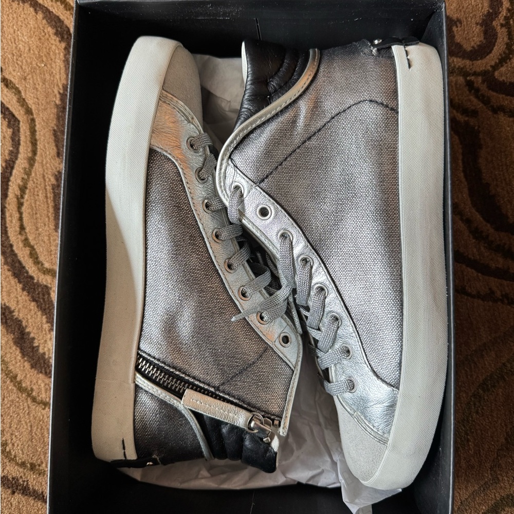 Silver High-Top Sneakers with Black Accents